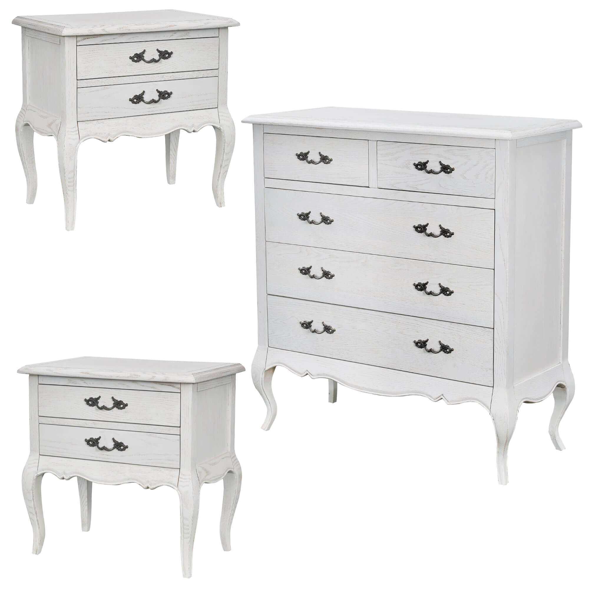 Alice Chest of Drawers Bedside Cabinets Set - Distressed White