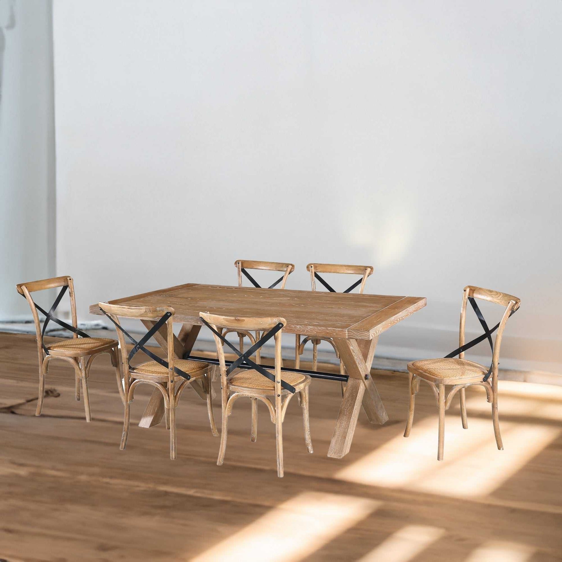 Woodland 6pc Set Dining Chair X-Back Birch Timber Wood Woven Seat Natu