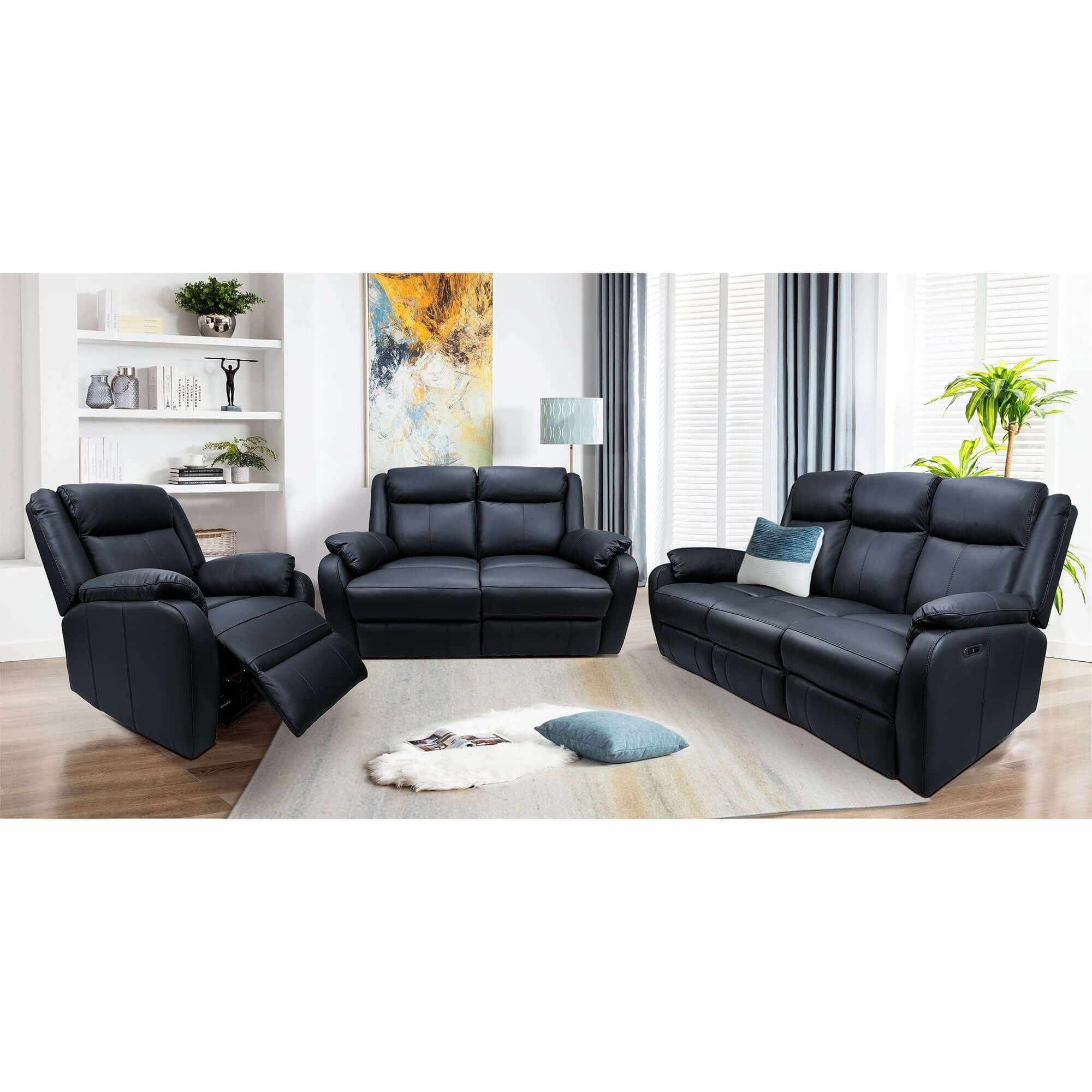 Bella 3+1+1 Seater Genuine Leather Reclining Sofa - Black