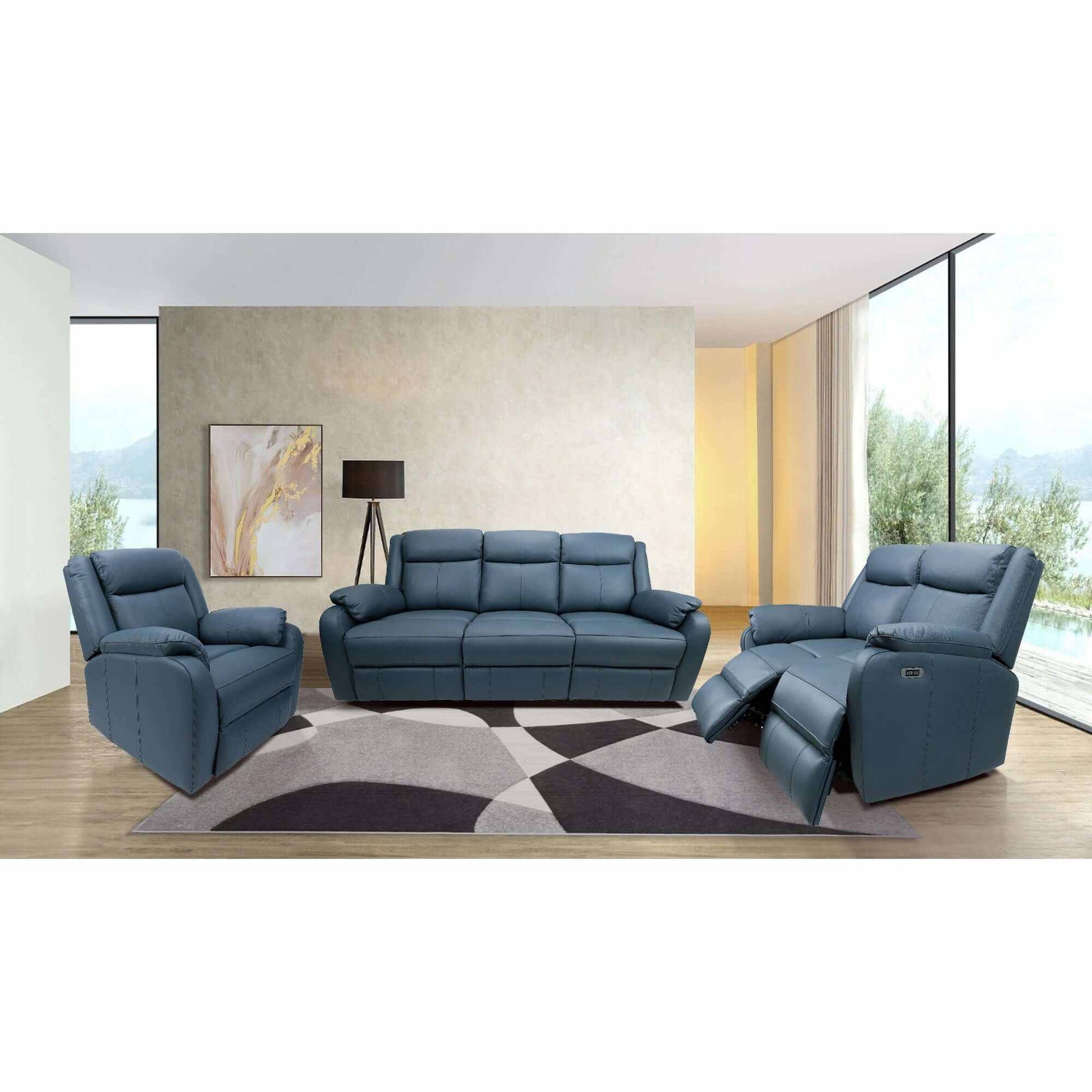 Bella 3+1+1 Seater Genuine Leather Recliner Upholstered Lounge - Blue