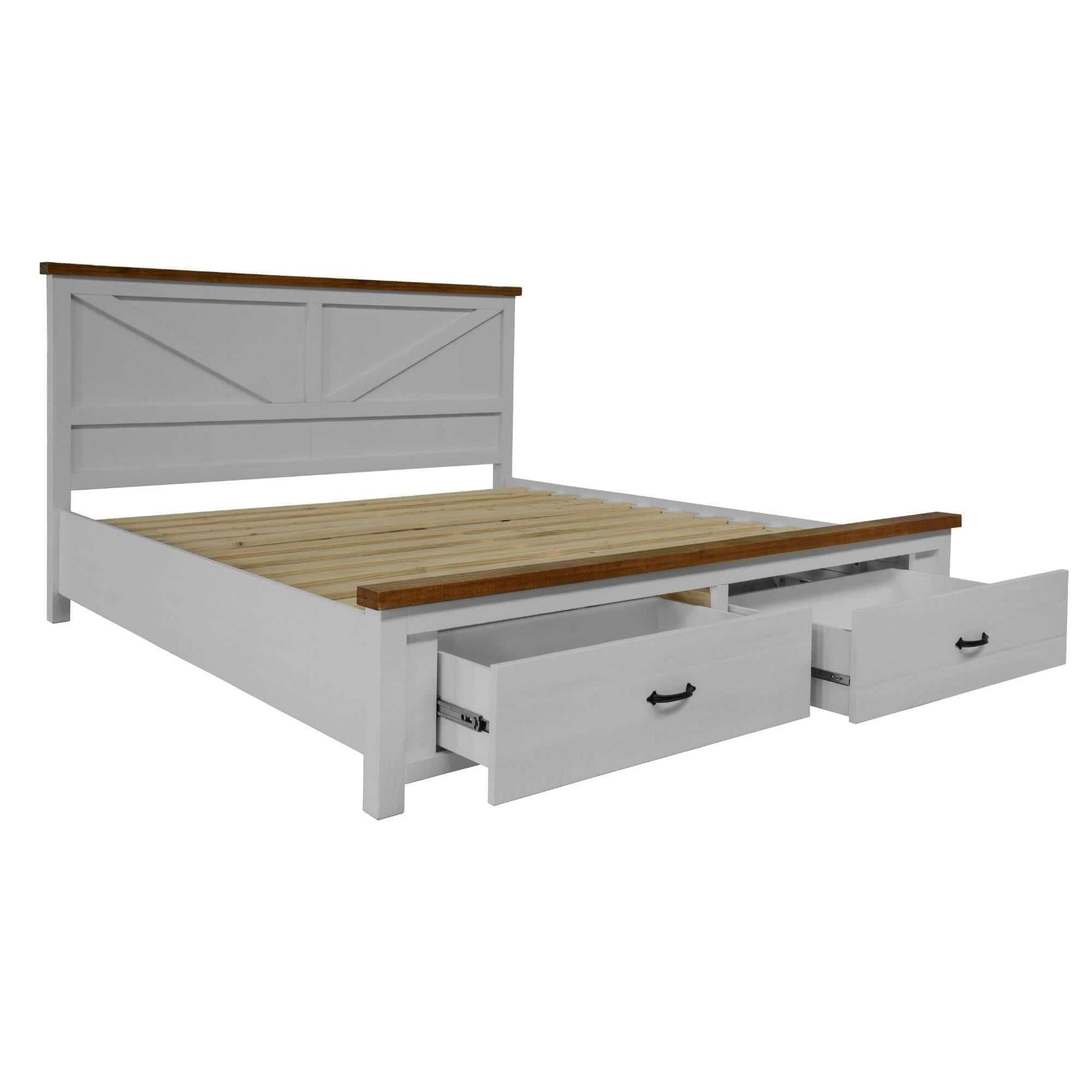 Grandy Queen Size Bed With Storage Drawer White Brown