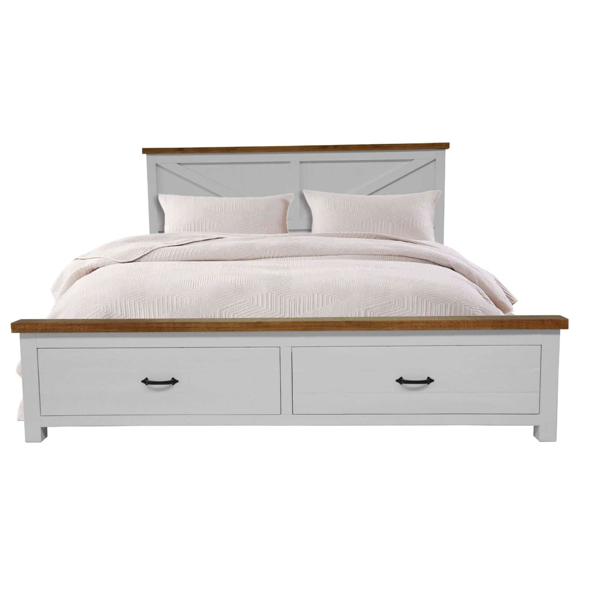 Grandy Queen Size Bed With Storage Drawer White Brown