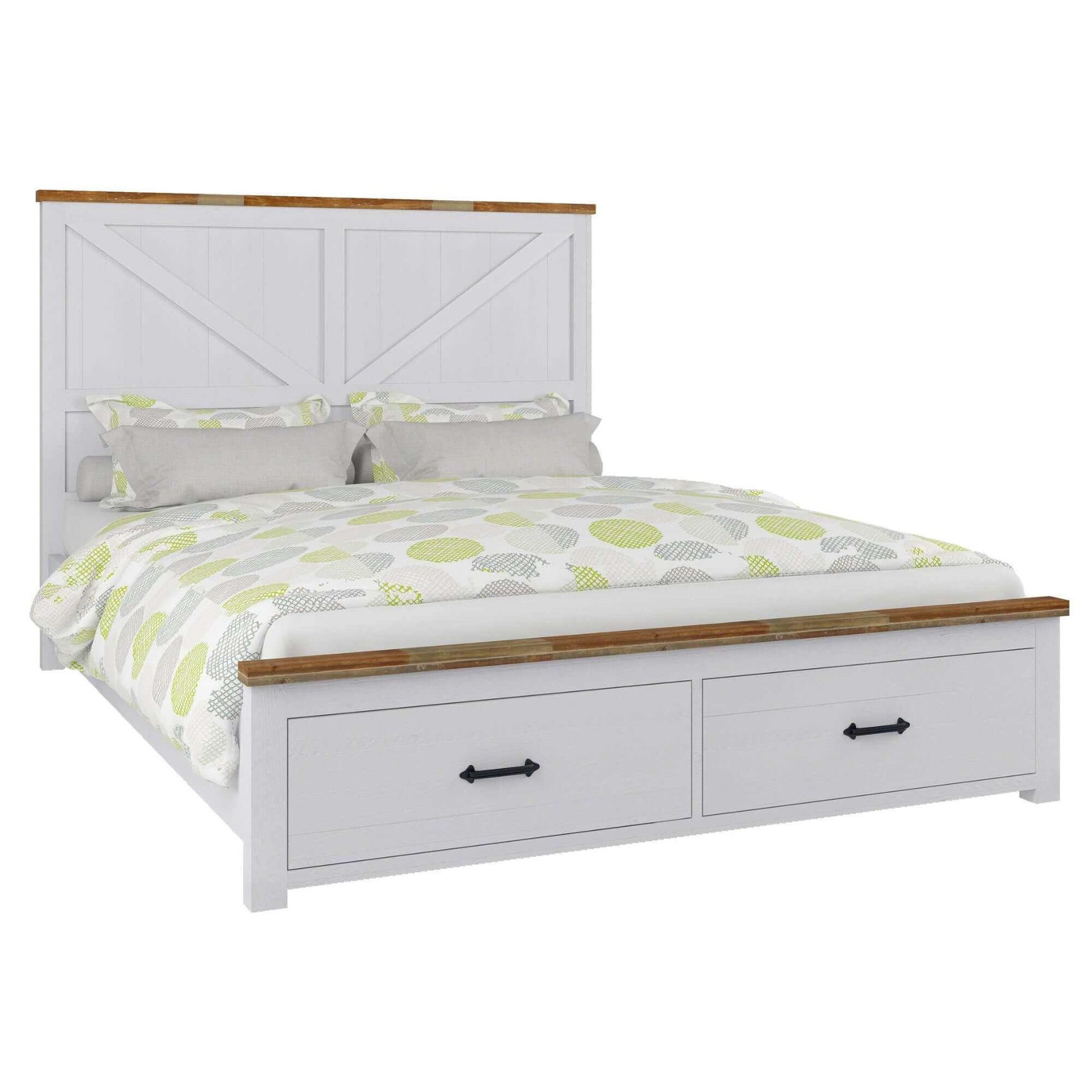Grandy Queen Size Bed With Storage Drawer White Brown