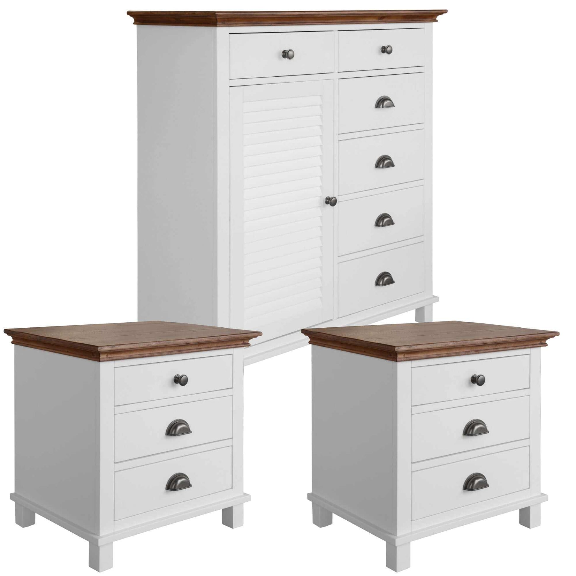 Virginia Bedside And Tallboy 3pc Bedroom Storage Set - White