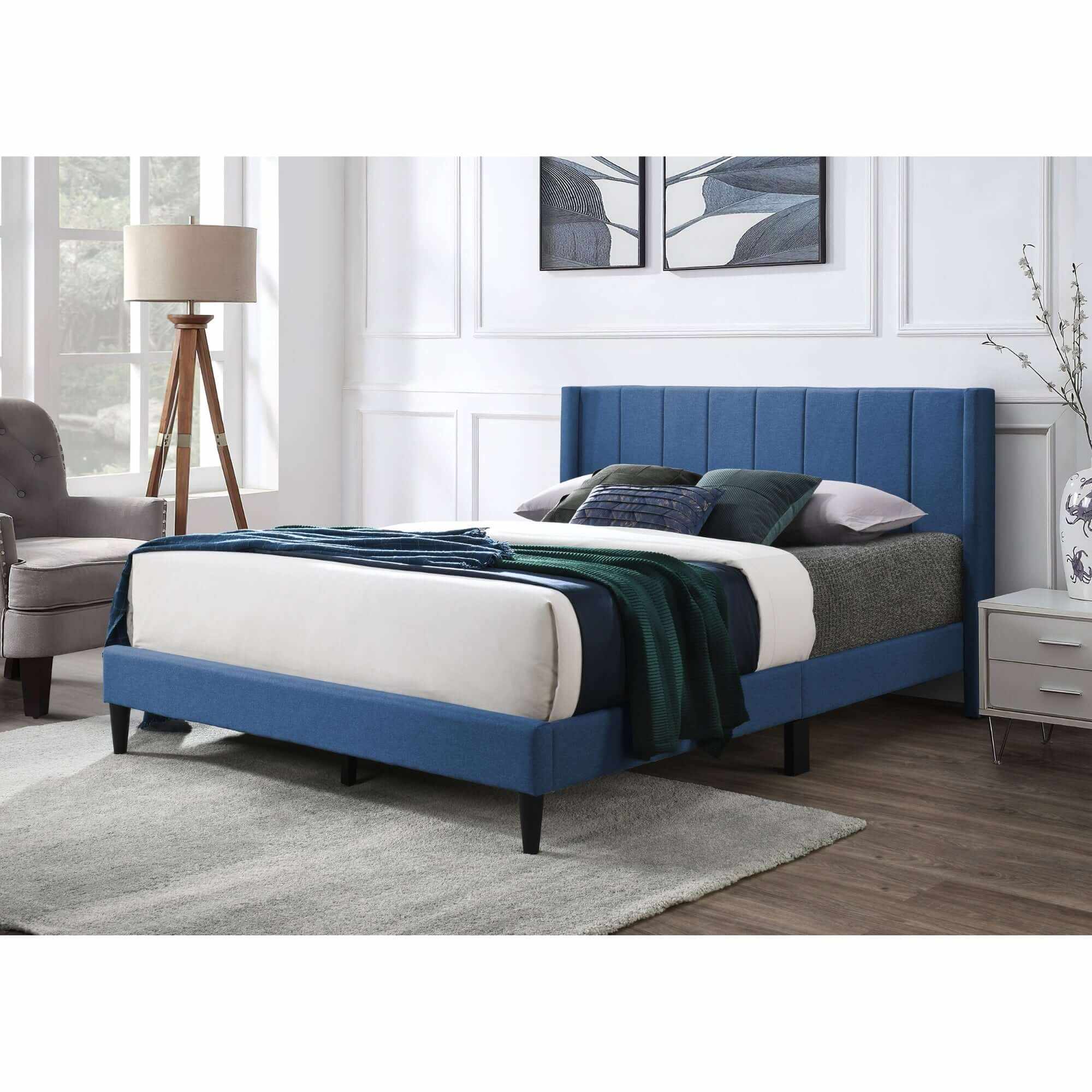 Samson Winged Headboard Luxurious Queen Bed - Blue