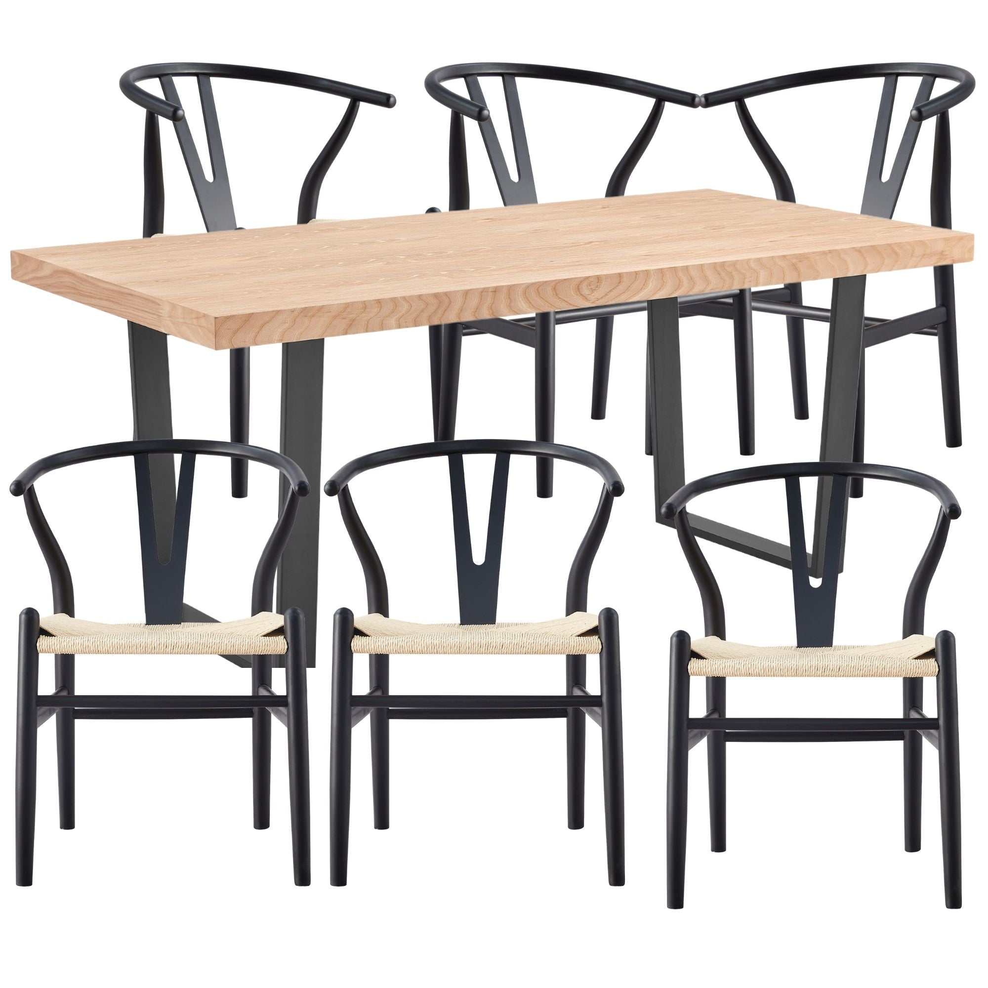 Petunia  7pc 180cm Dining Table Set 6 Wishbone Chair Elm Timber Wood Metal Leg