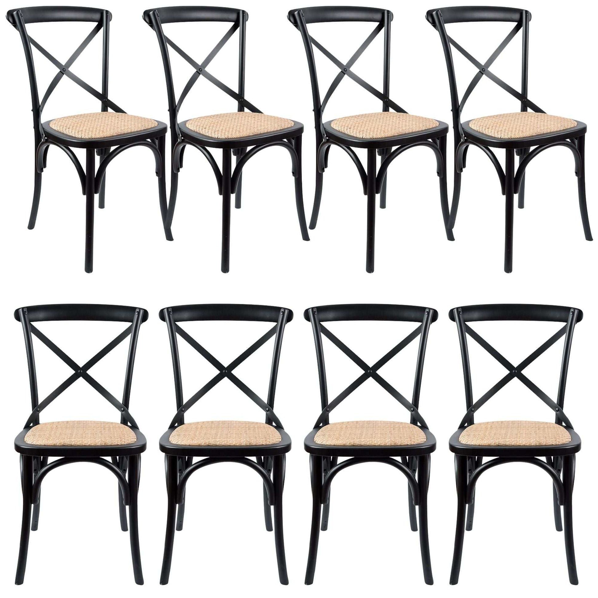 Aster Solid Birch Timber Rattan Seat Crossback Dining Chair Set Black