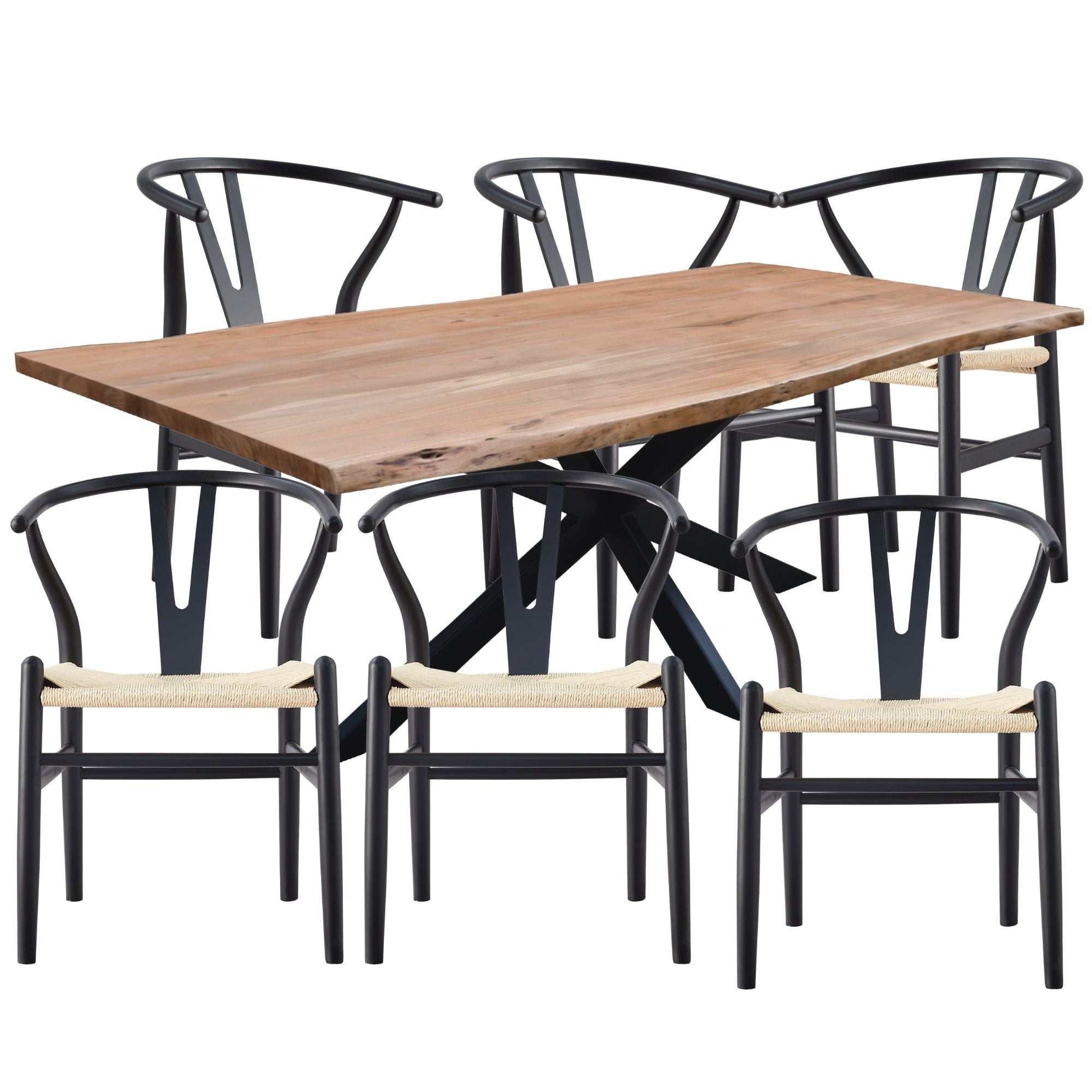 Lantana 7pc 210cm Live Edge Dining Table And Black Chair Set