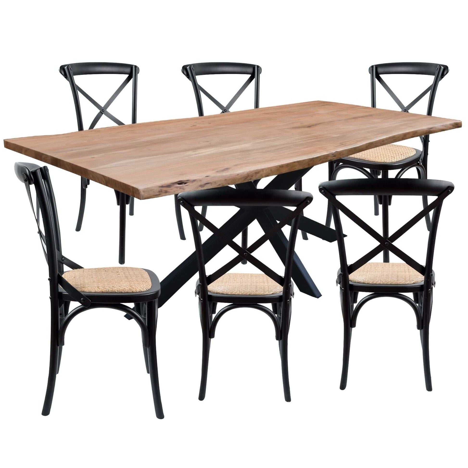 Lantana 7pc 180cm Live Edge Dining Table 6 Black Cross Back Chairs Set