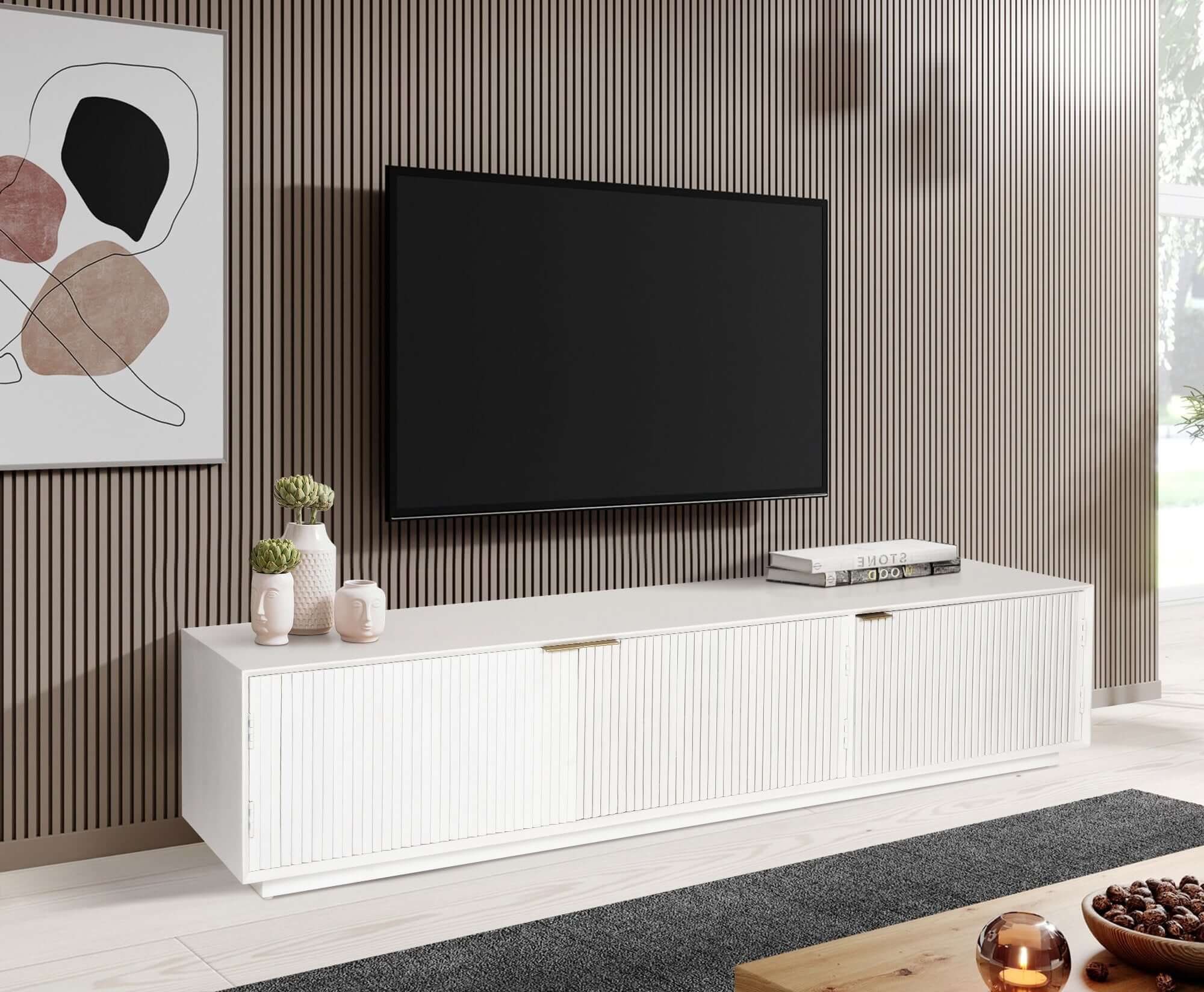 Cyrus 3 Door Solid Mango Wood White TV Cabinet 200cm