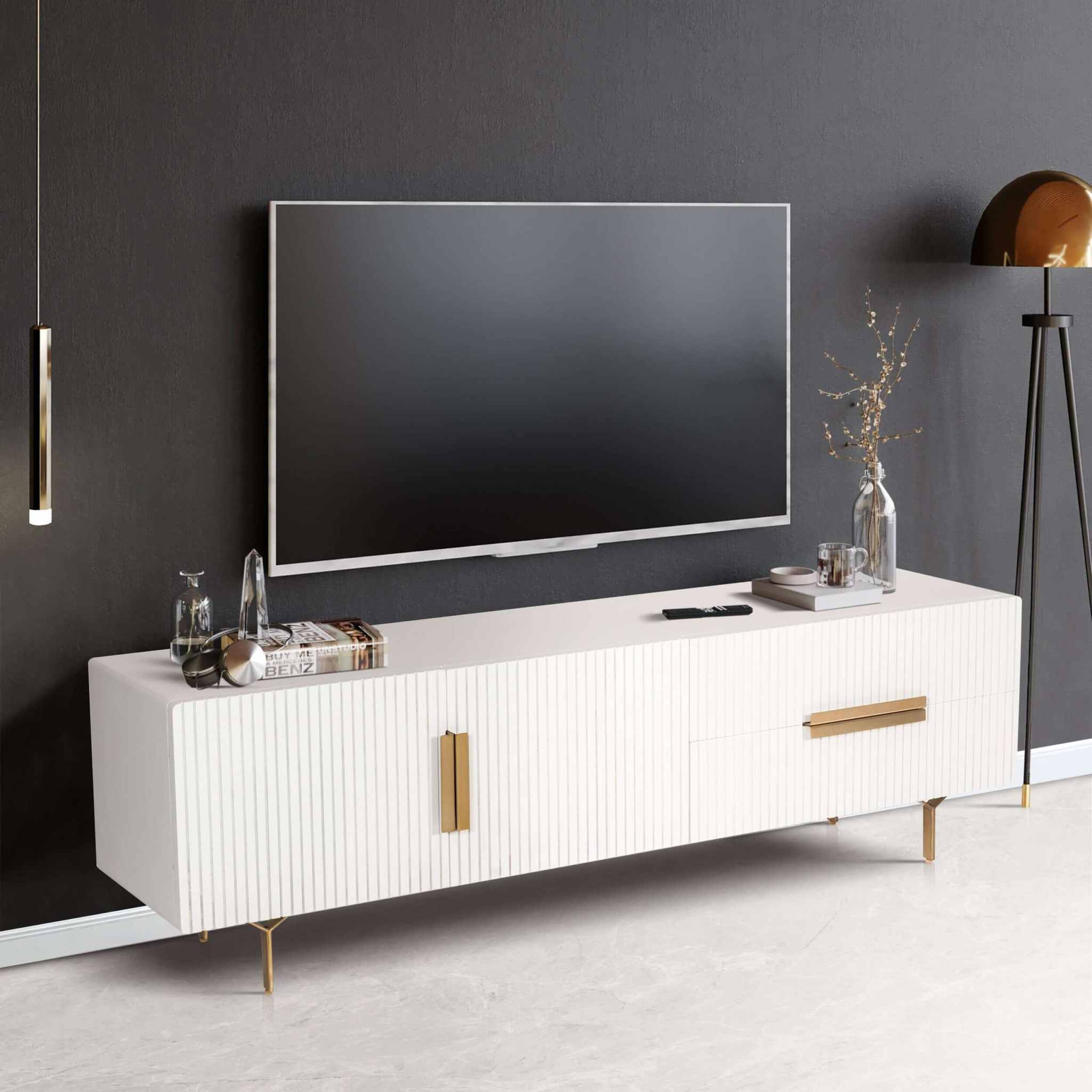 Knox Solid Mango Wood White Entertainment Unit 180cm 3 Door 2 Drawer