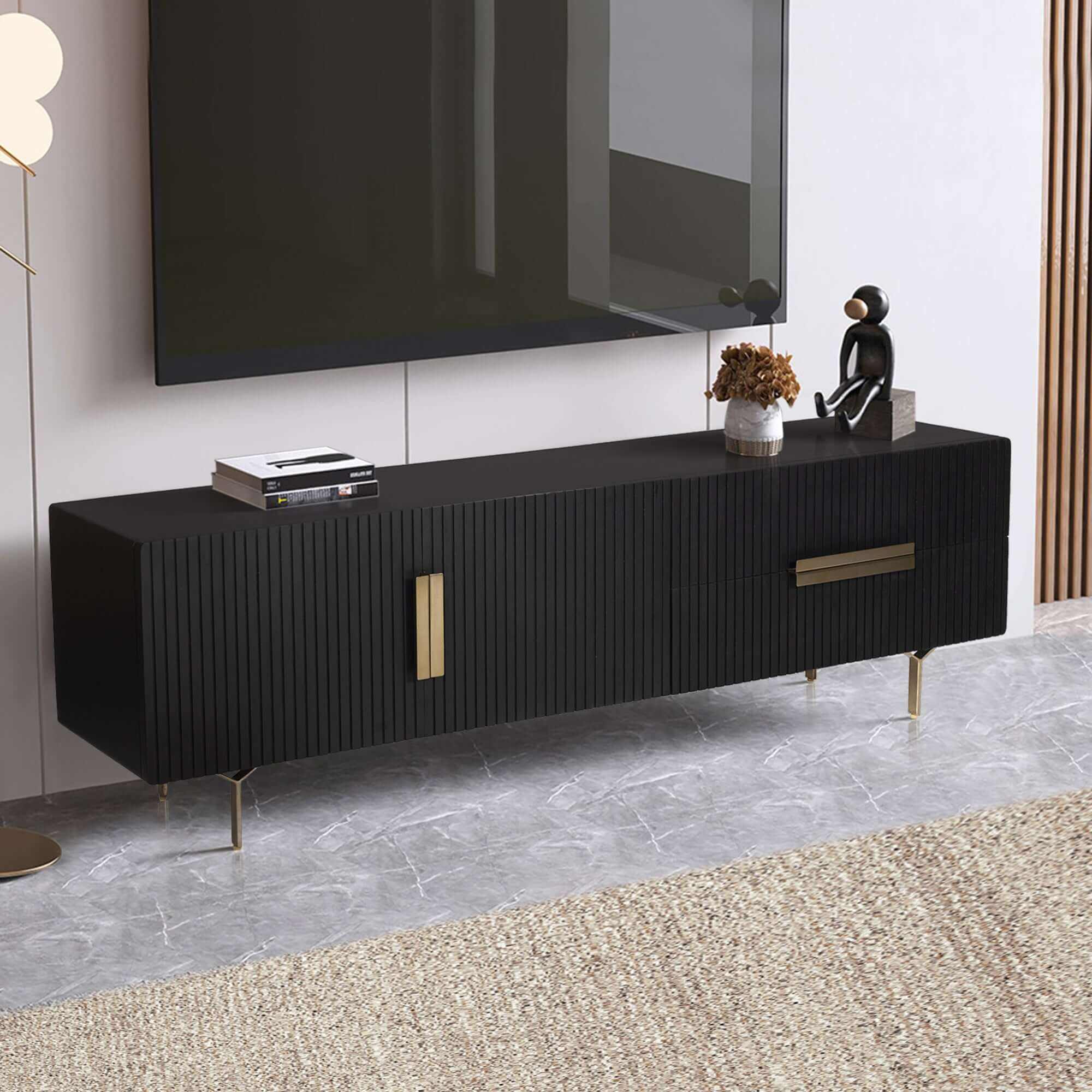 Knox 180cm 3 Door 2 Drawer Mid Century Modern TV Cabinet - Black