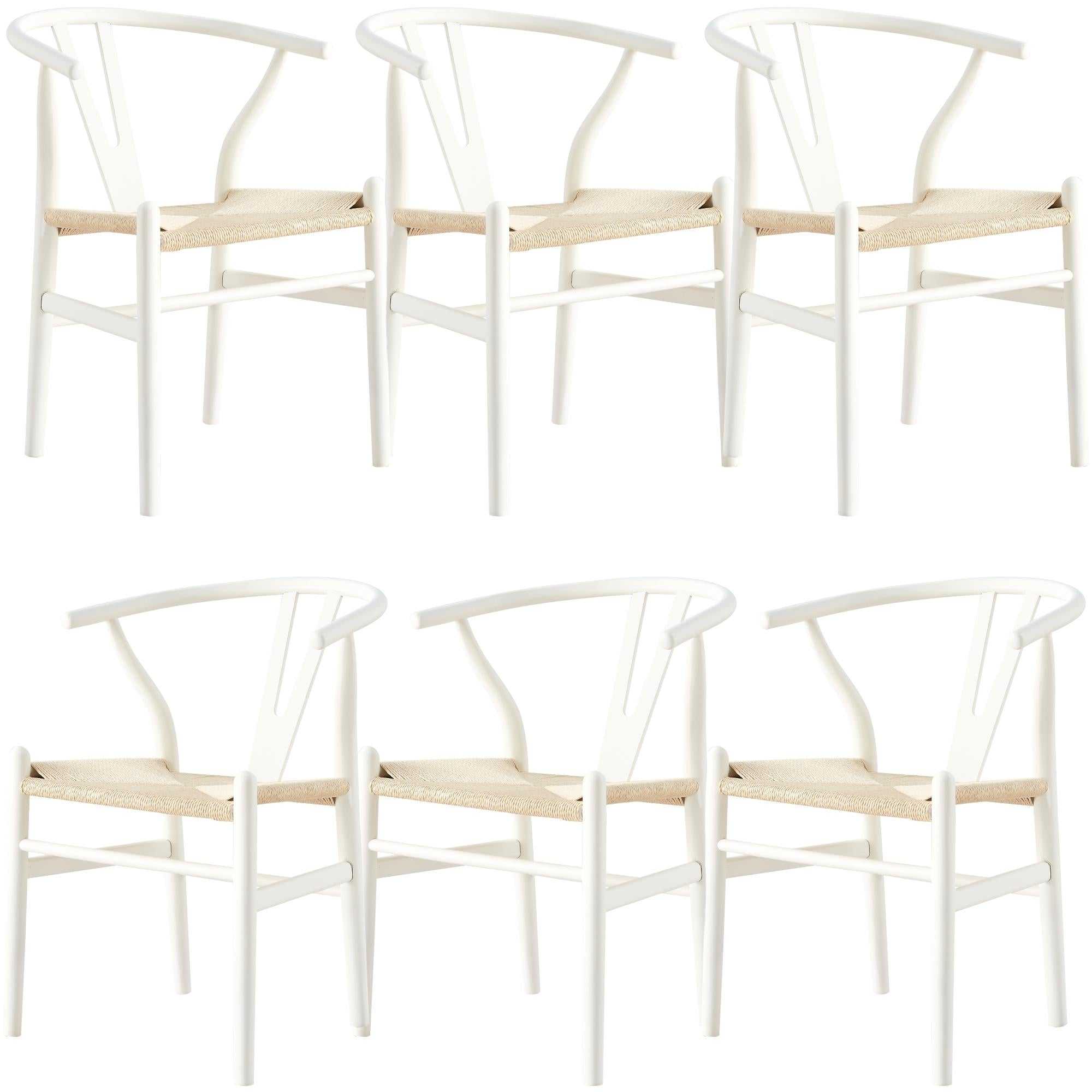 Anemone  Set of 6 Wishbone Dining Chair Beech Timber Replica Hans Wenger - White