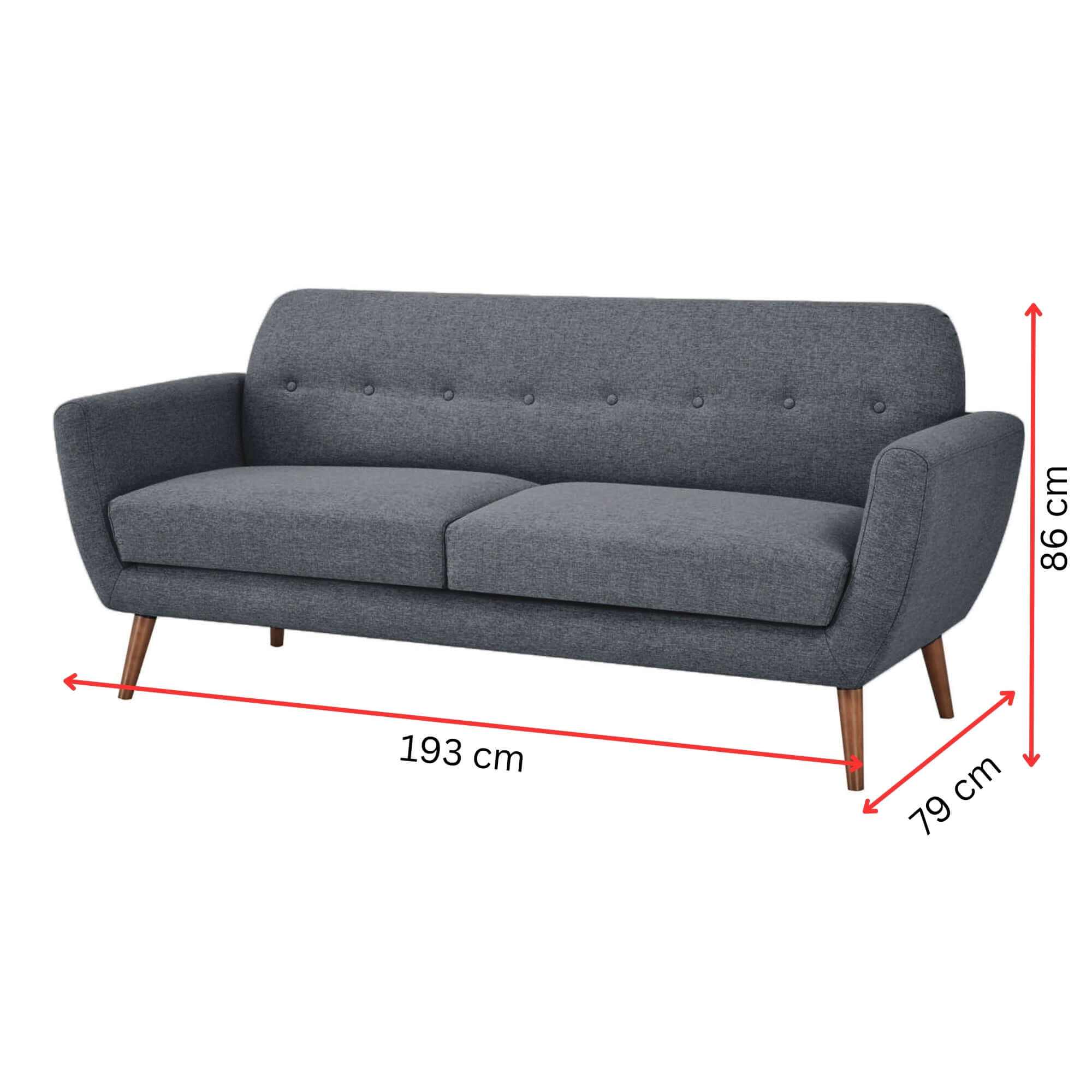 Lilliana 3 Seater Danish Style Sofa Upholstered Lounge - Dark Grey