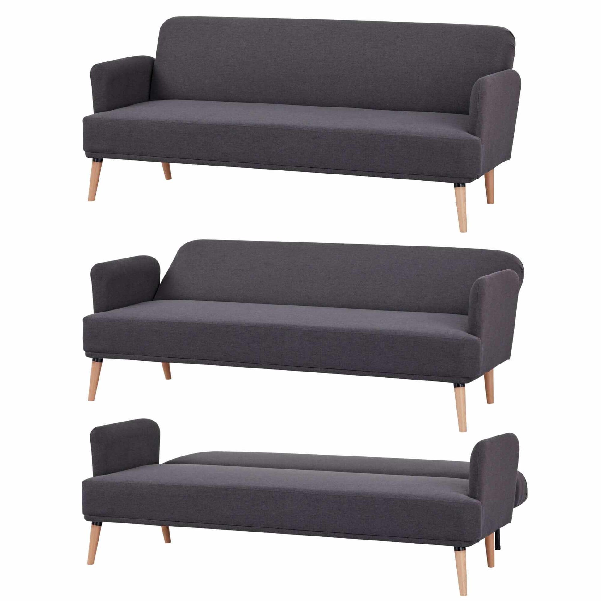 Merlin 3 Seater Sofa Futon Bed Fabric Couch - Charcoal