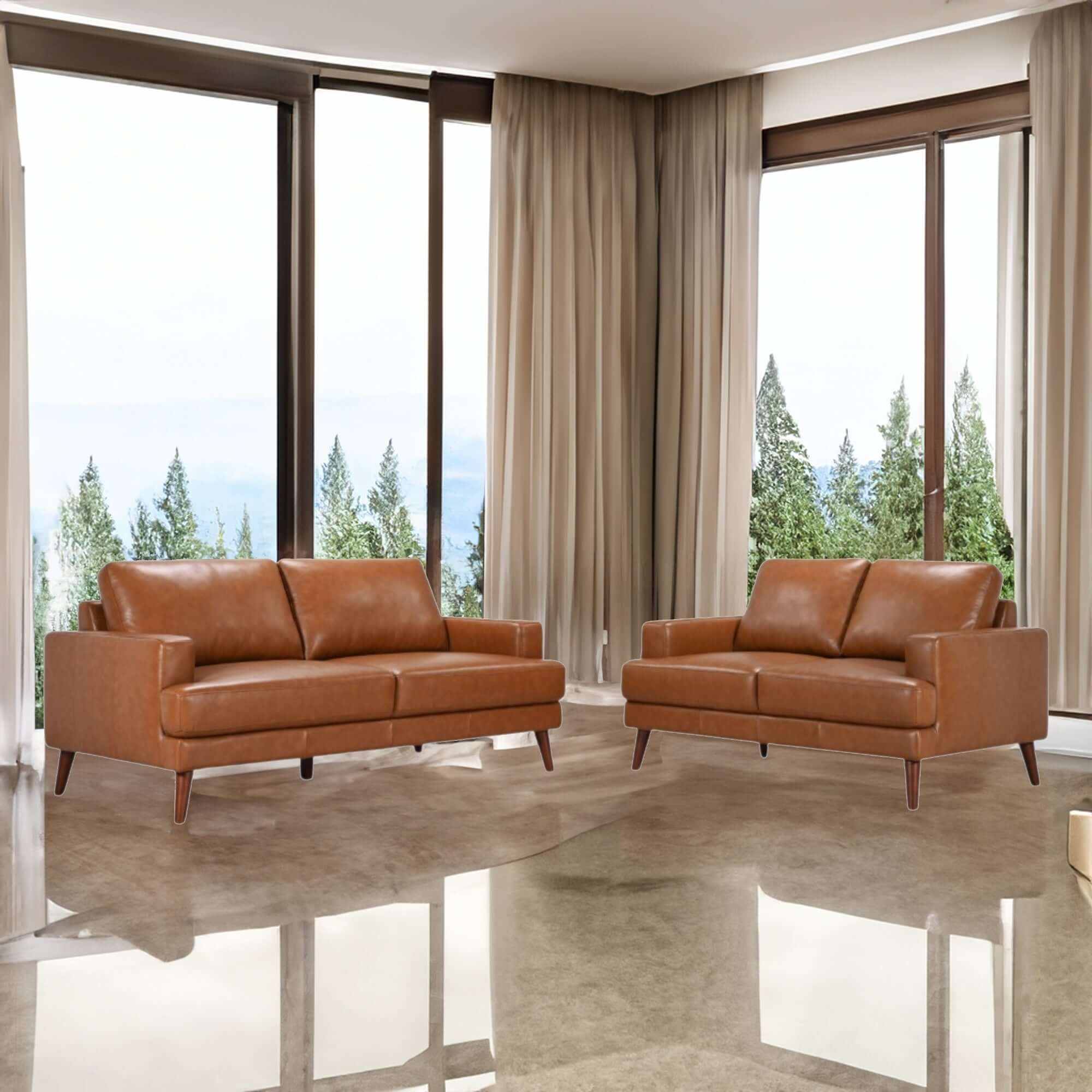 Matilda 2 and 3 Seater Sofa Set Leather Upholstered - Tan