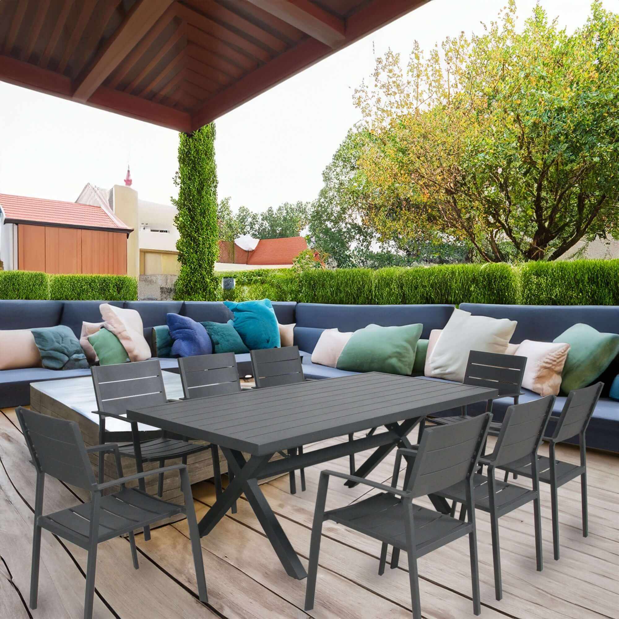 Percy 9pc 200cm Outdoor Dining Table Chair Set Aluminium Frame - Grey