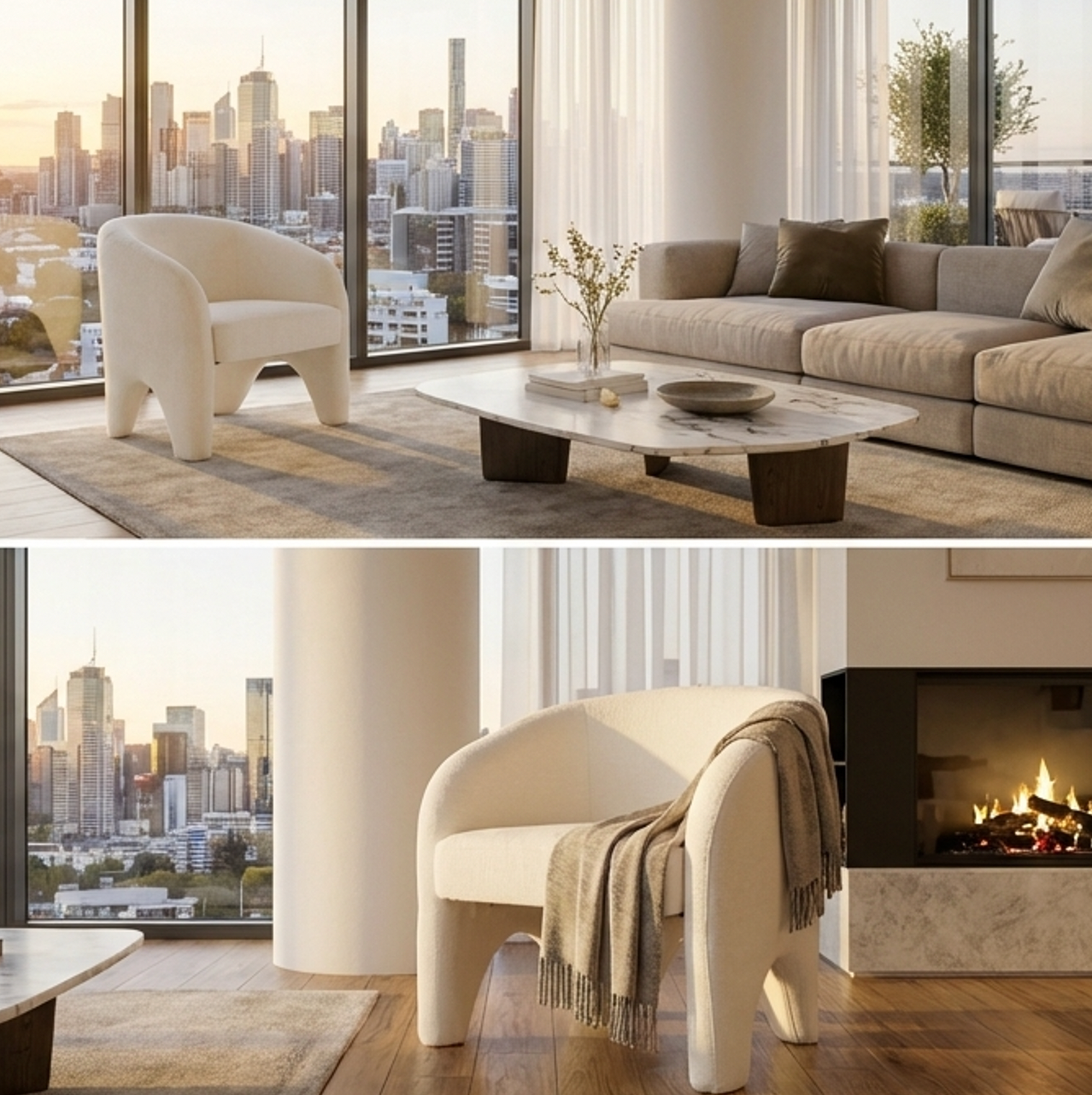 Nova Sculptural Accent Chair White Chenille
