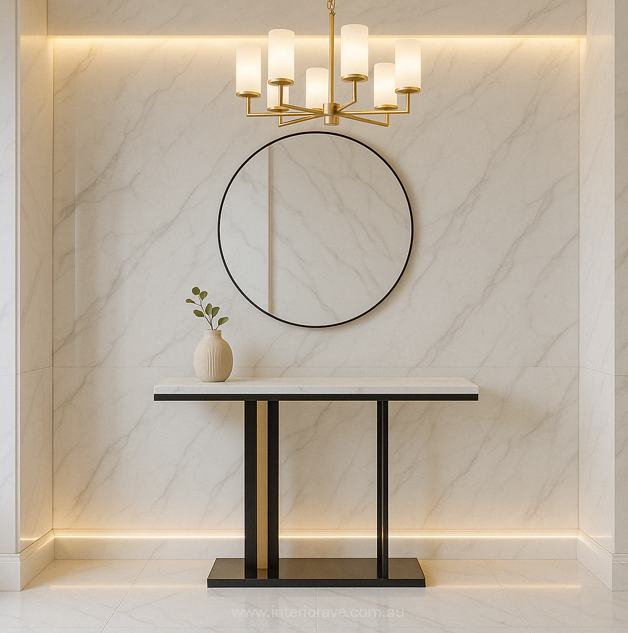 Pandora Stone Marble Console in modern contemporary style with sintered stone top and black metal base.