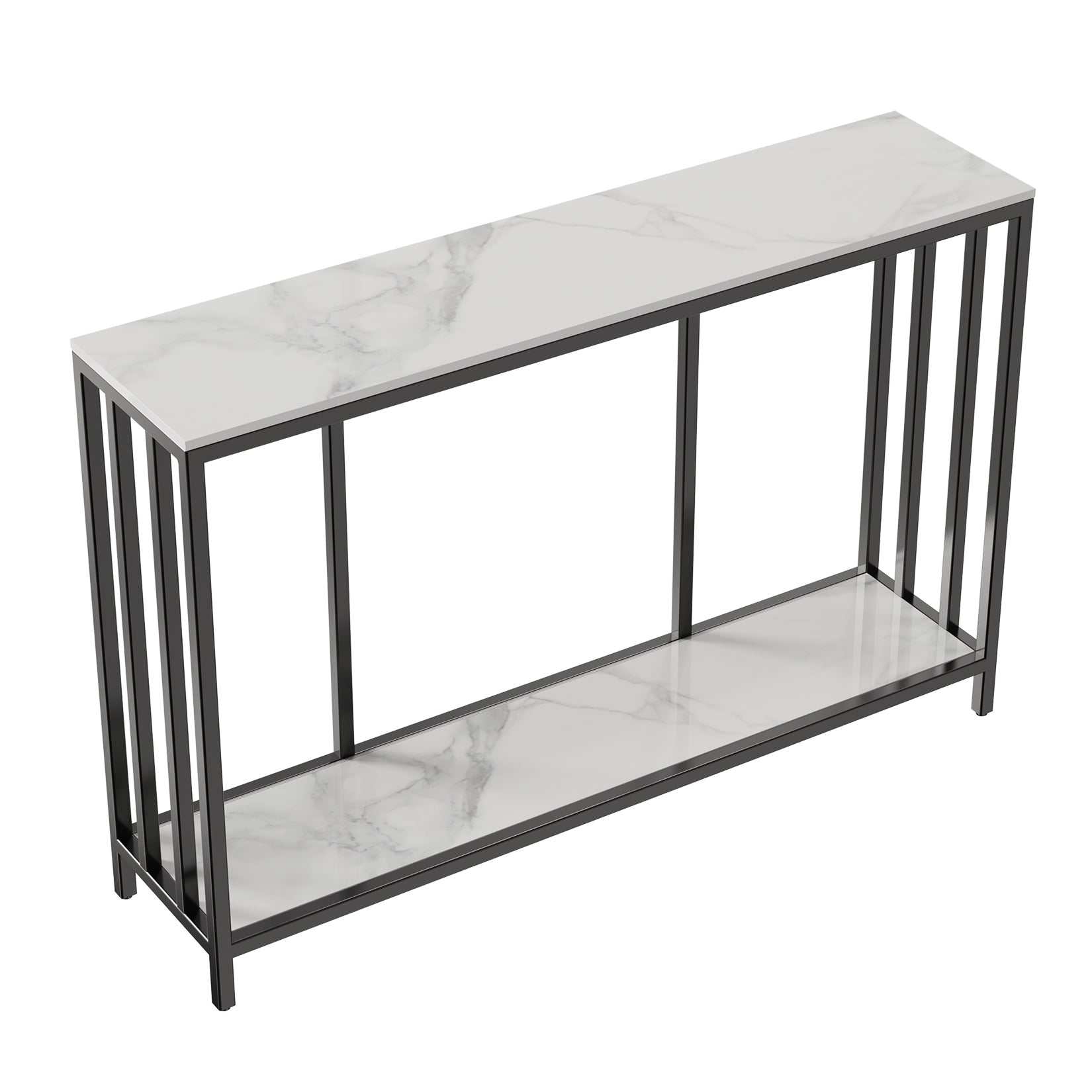 White marble dual layer console table with metal iron legs, modern style for entryway or living room.