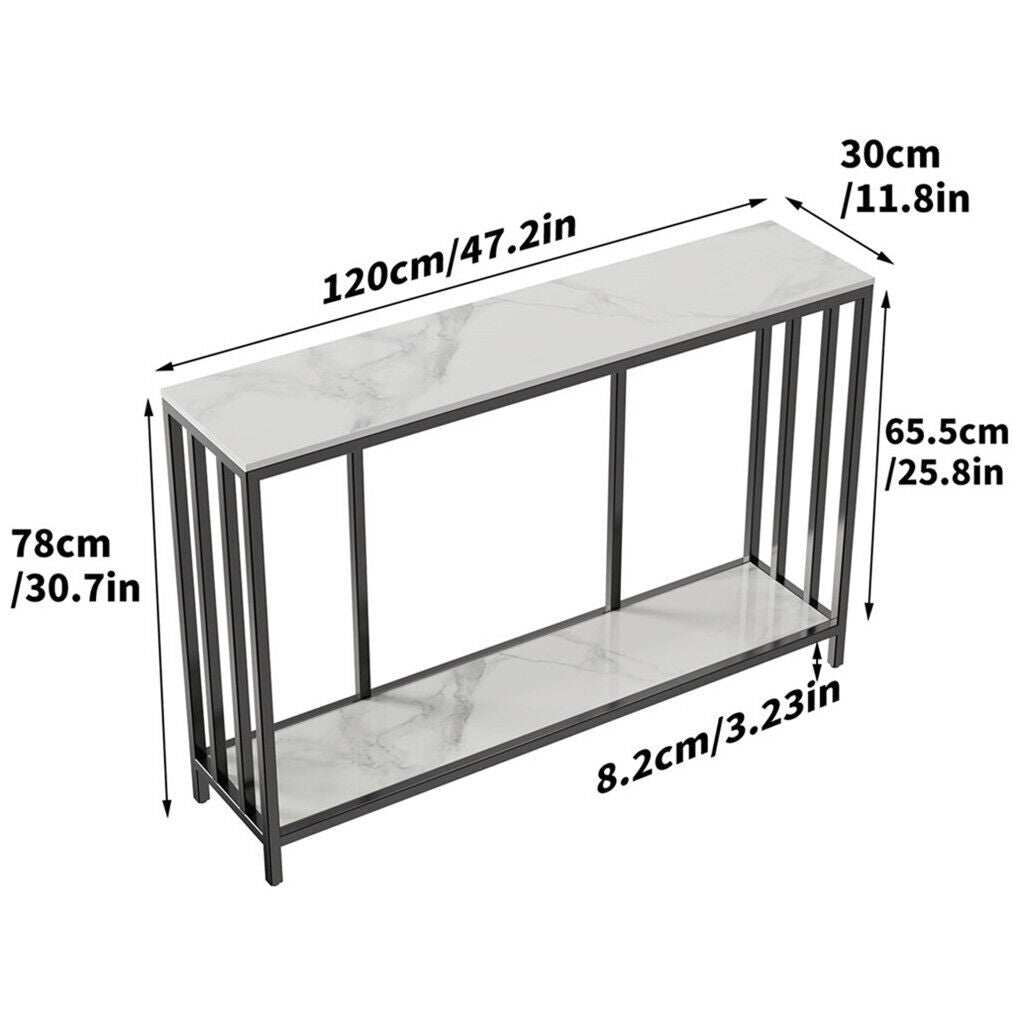 Bronte Dual Layer Console Table with white marble stone top and metal iron legs.