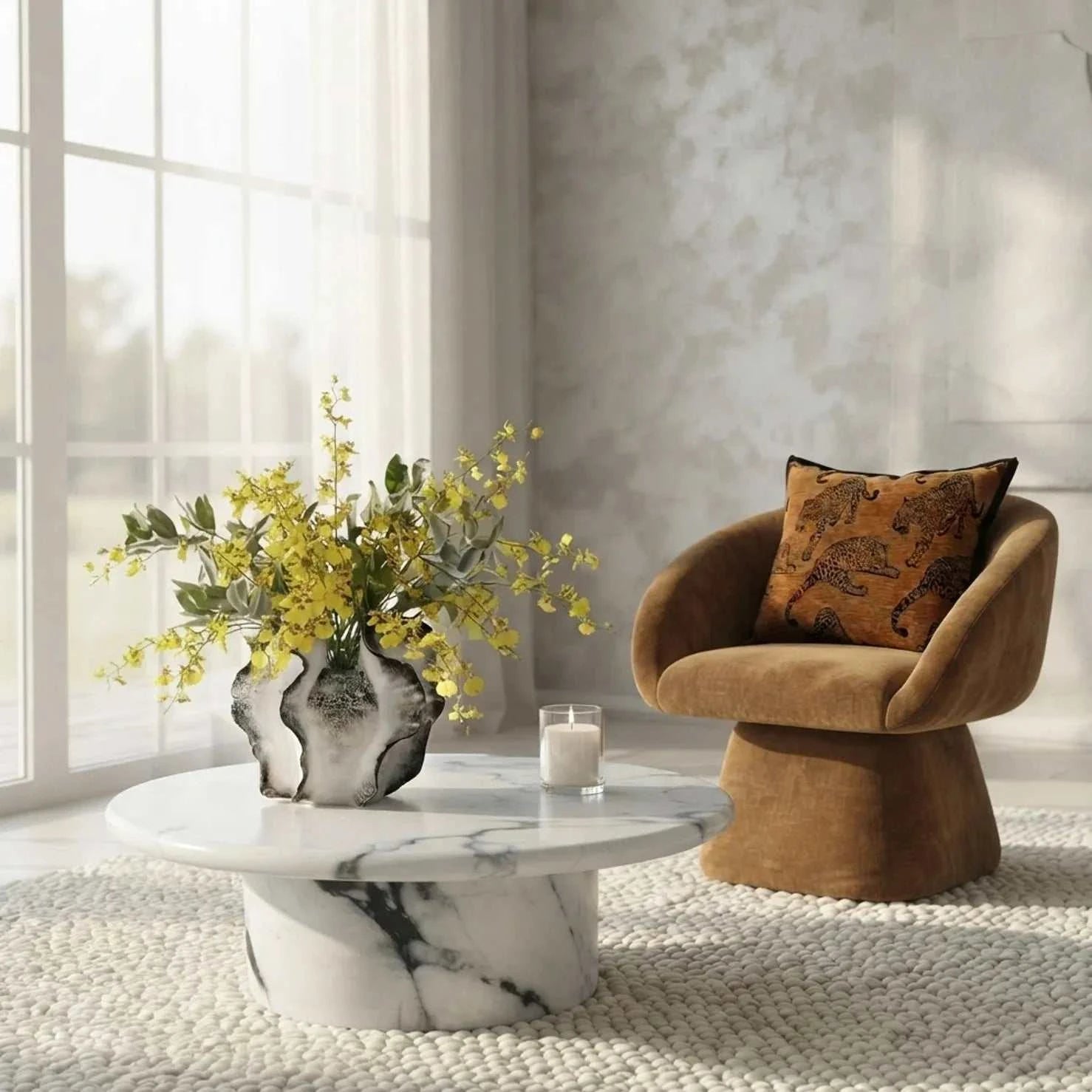 Interior Ave - Nobu Round Sculptural Stone Coffee Table - Panda Marble Finish