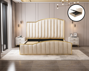 Elegant Luxury King Size Bedframe in Beige with Gas Lift Storage Velvet Fabric Golden Trim