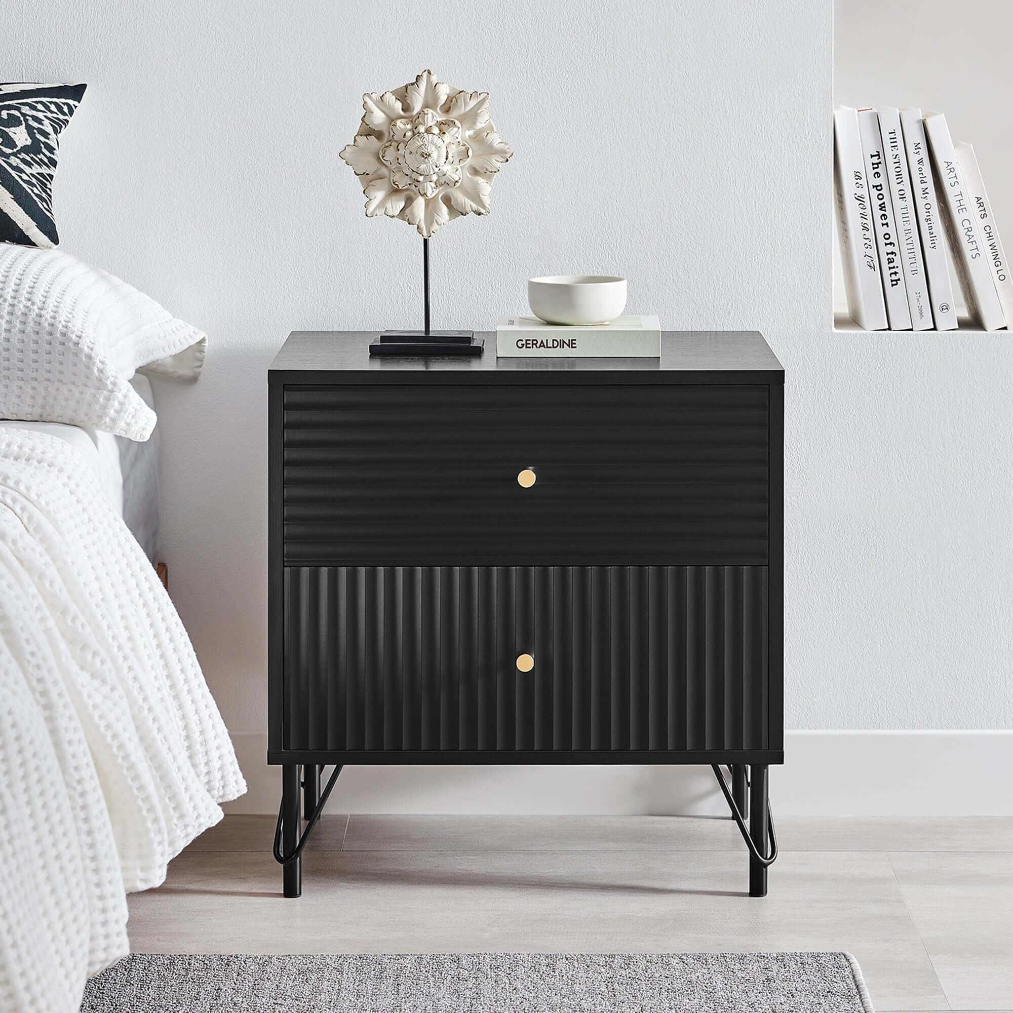 Lisa Wavy Fluted Bedside Table Nightstand in Black