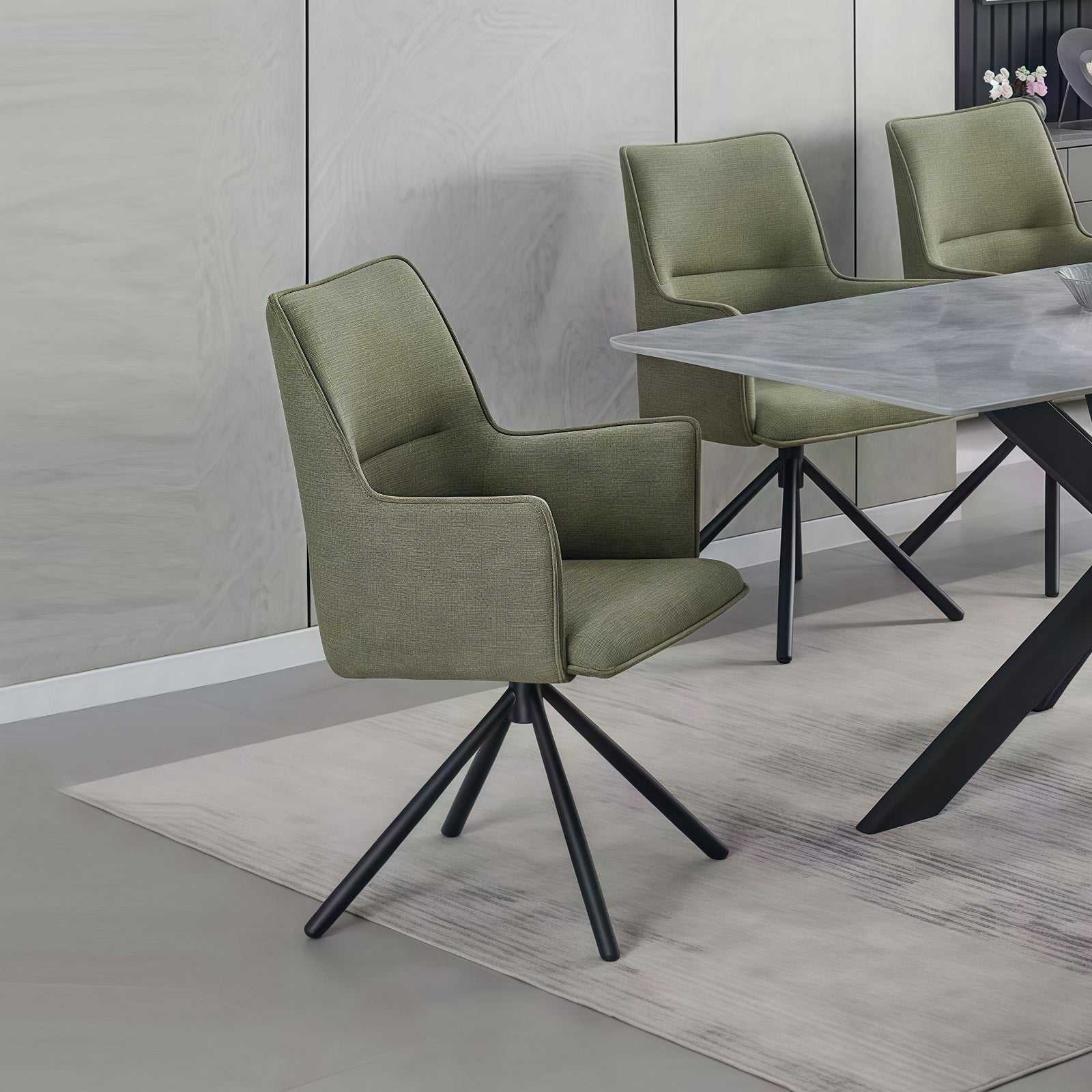 Dining Chair Green Linen Fabric Upholstered Seat Powder Coated Iron Legs