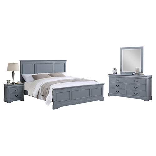 Solid Wood 4 Pieces Queen Size Grey Bed And Bedroom Set