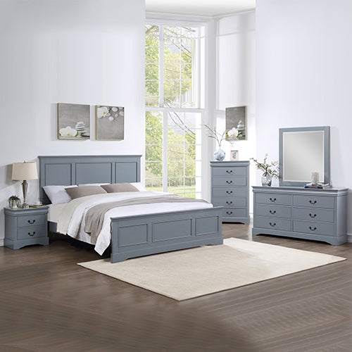 5 Pieces Bedroom Suite in Solid Wood & MDF King Size Grey Colour Bed, Bedside Table, Dresser & Tallboy