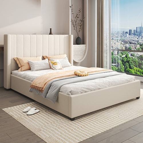 Alexa Queen Size High Rise Headboard Linen Beige Fabric MDF Drawers with Wheels