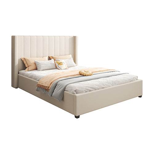 Alexa Queen Size High Rise Headboard Linen Beige Fabric MDF Drawers with Wheels