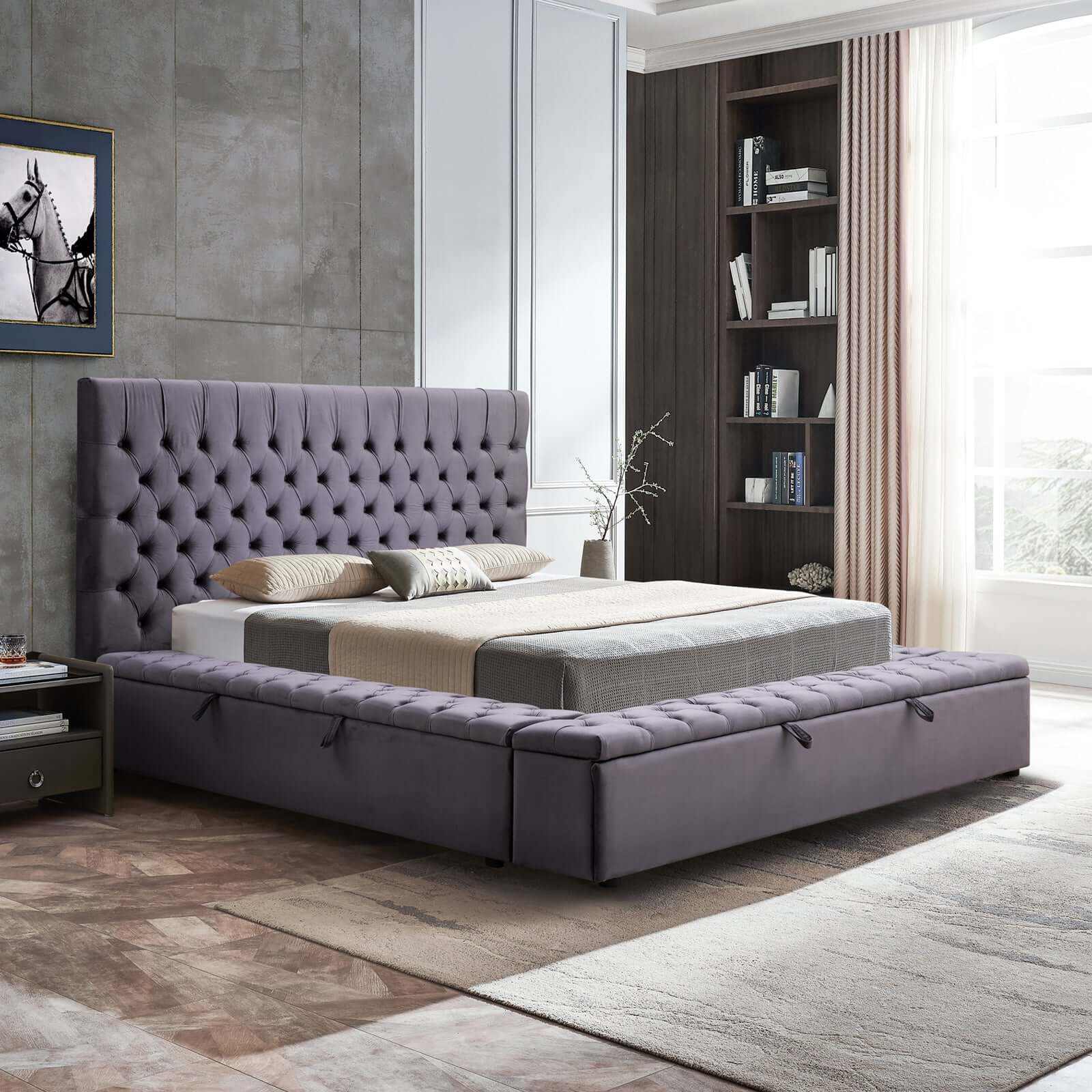 Anna Velvet Upholstered Bed King Size Dark Grey Colour Tufted Headboar