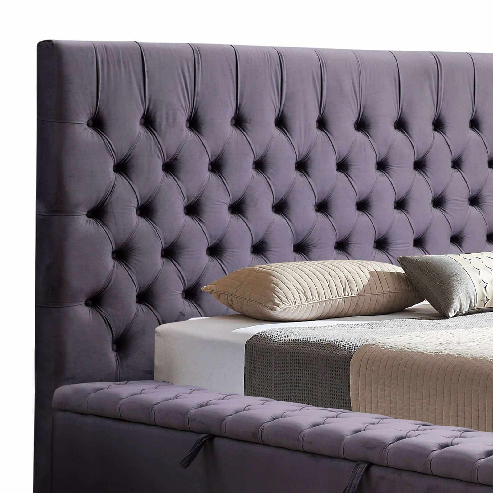 Anna Velvet Upholstered Bed King Size Dark Grey Colour Tufted Headboar