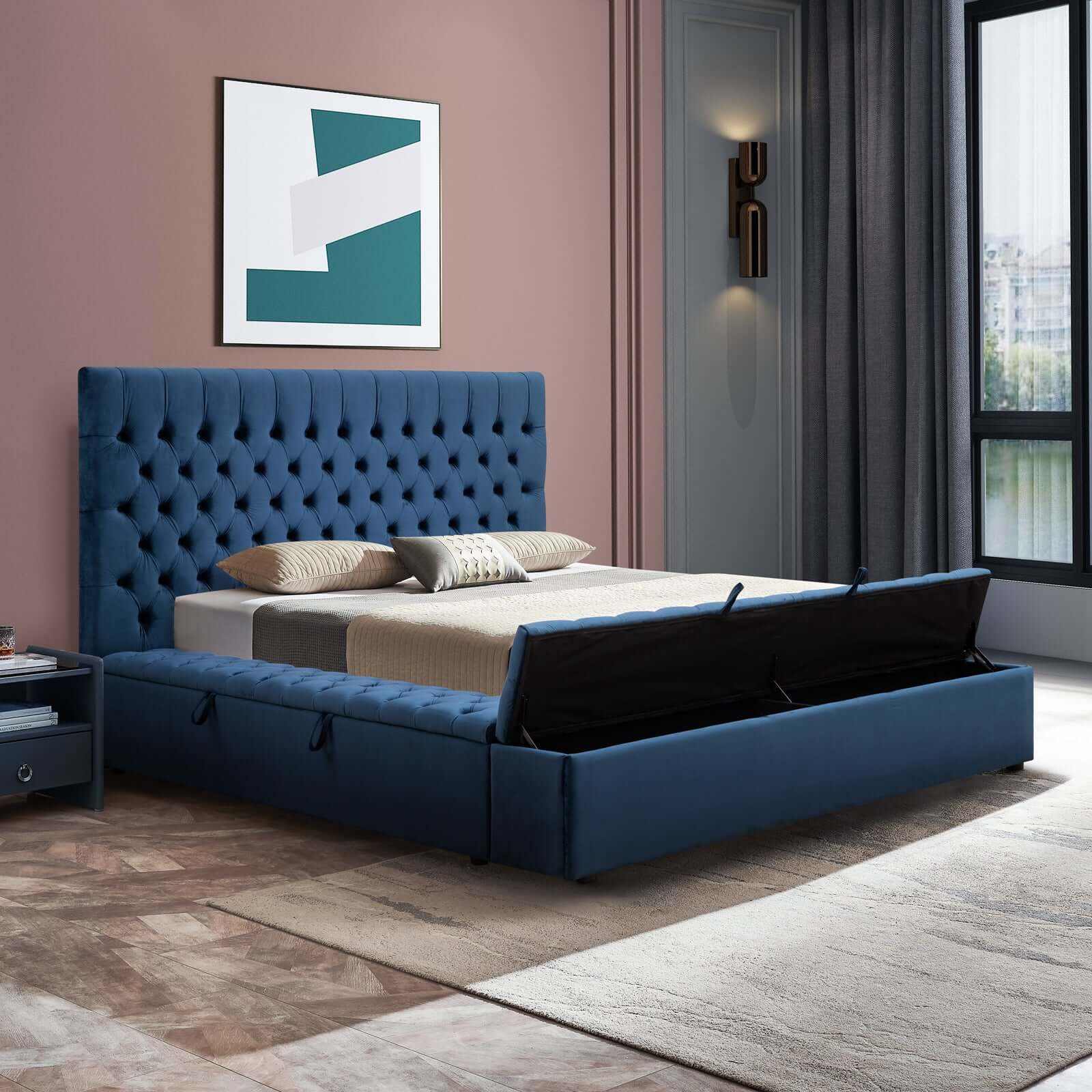 Anna Upholstered Deep Blue Colour Velvet Bed Frame Queen Size