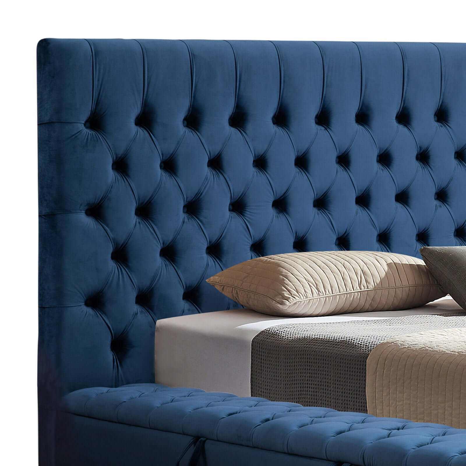 Anna Upholstered Deep Blue Colour Velvet Bed Frame Queen Size