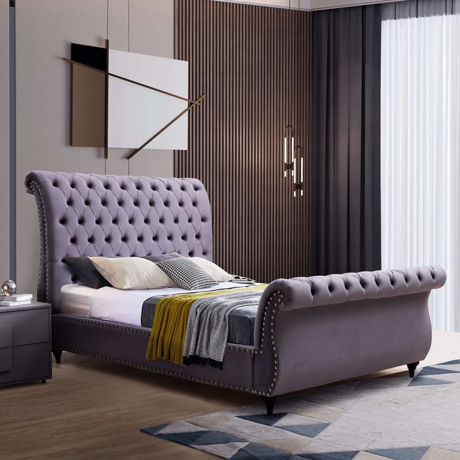 Elsa Velvet King Size Bed Grey Colour Tufted Headboard And Footboard