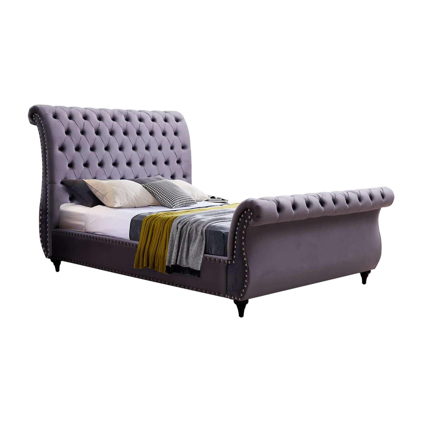 Elsa Velvet King Size Bed Grey Colour Tufted Headboard And Footboard
