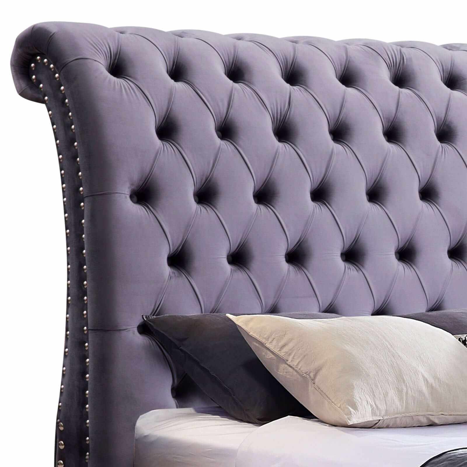 King Size Sleigh Bedframe Velvet Upholstery Grey Colour Tufted Headboa