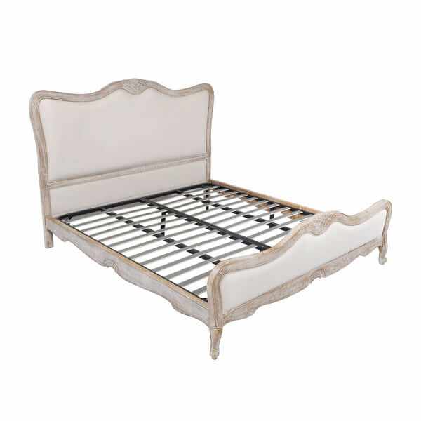 Lille King Bed Frame Linen Fabric Oak Wood White Washed Finish