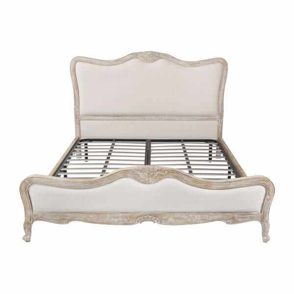 Lille King Bed Frame Linen Fabric Oak Wood White Washed Finish