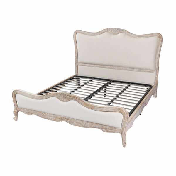 Lille King Bed Frame Linen Fabric Oak Wood White Washed Finish