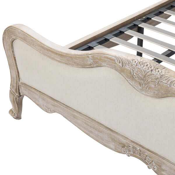 Lille King Bed Frame Linen Fabric Oak Wood White Washed Finish