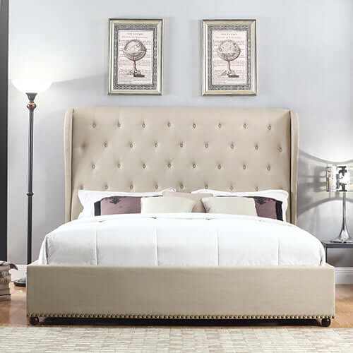 Bed Frame Queen Size in Beige Fabric Upholstered French Provincial Bed