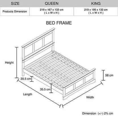 King Bed Frame in Solid Wood with Slats Support in Grey colour