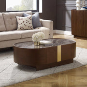 Dark walnut MDF board coffee table with ample storage and melamine interior.