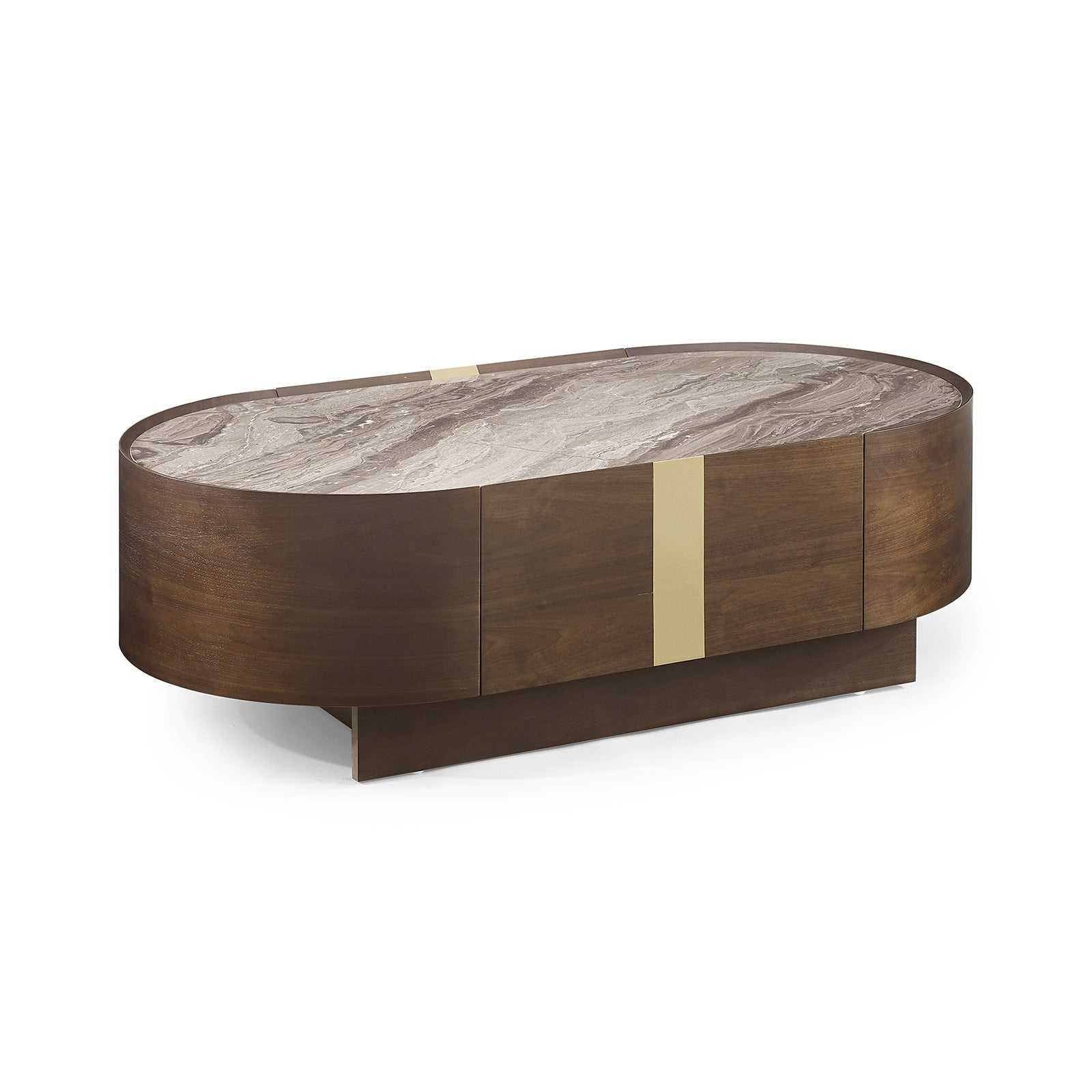 Coffee table with ample storage, made from MDF and melamine in dark walnut color, featuring a golden line accent.