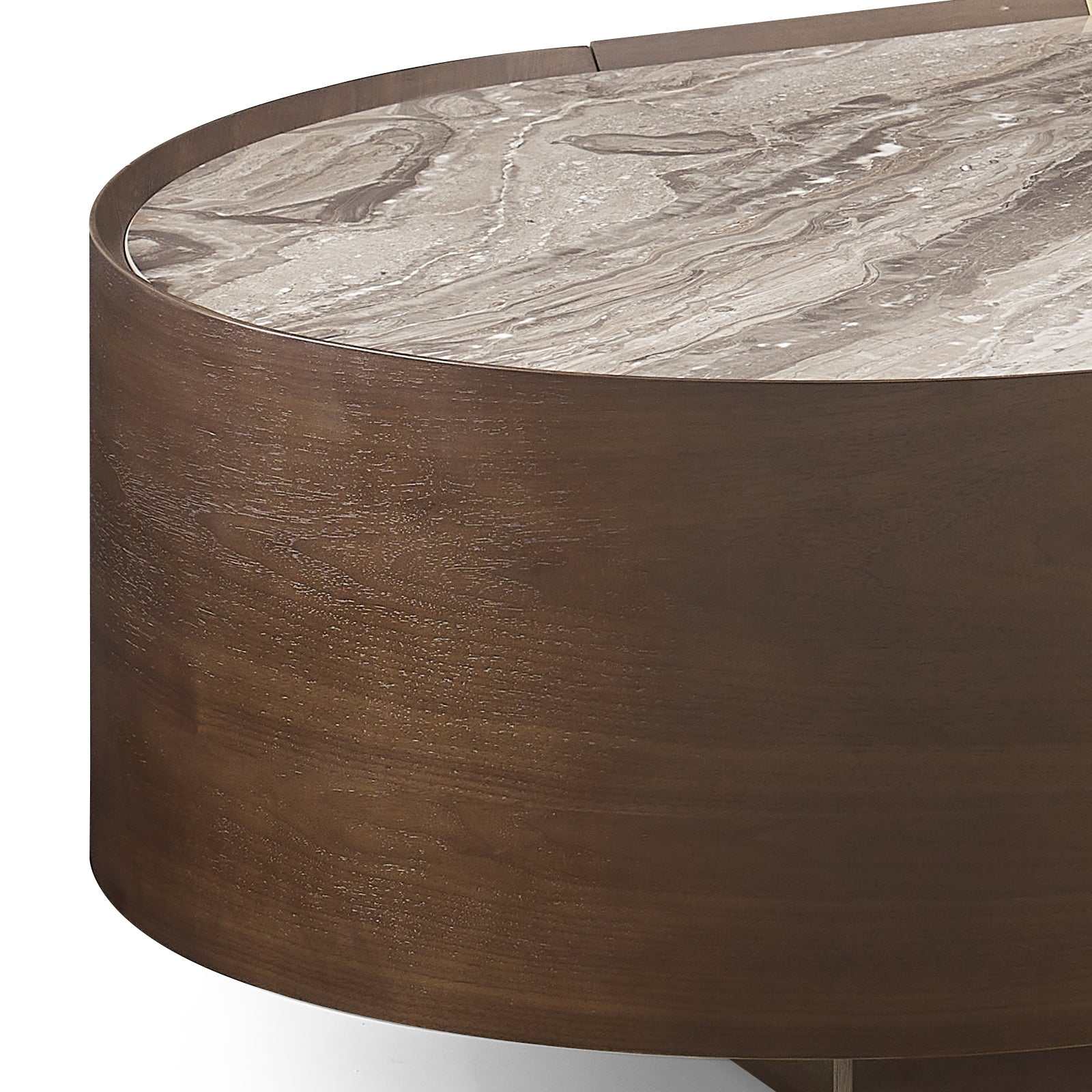 Dark walnut coffee table with MDF melamine board, round design, ample storage.