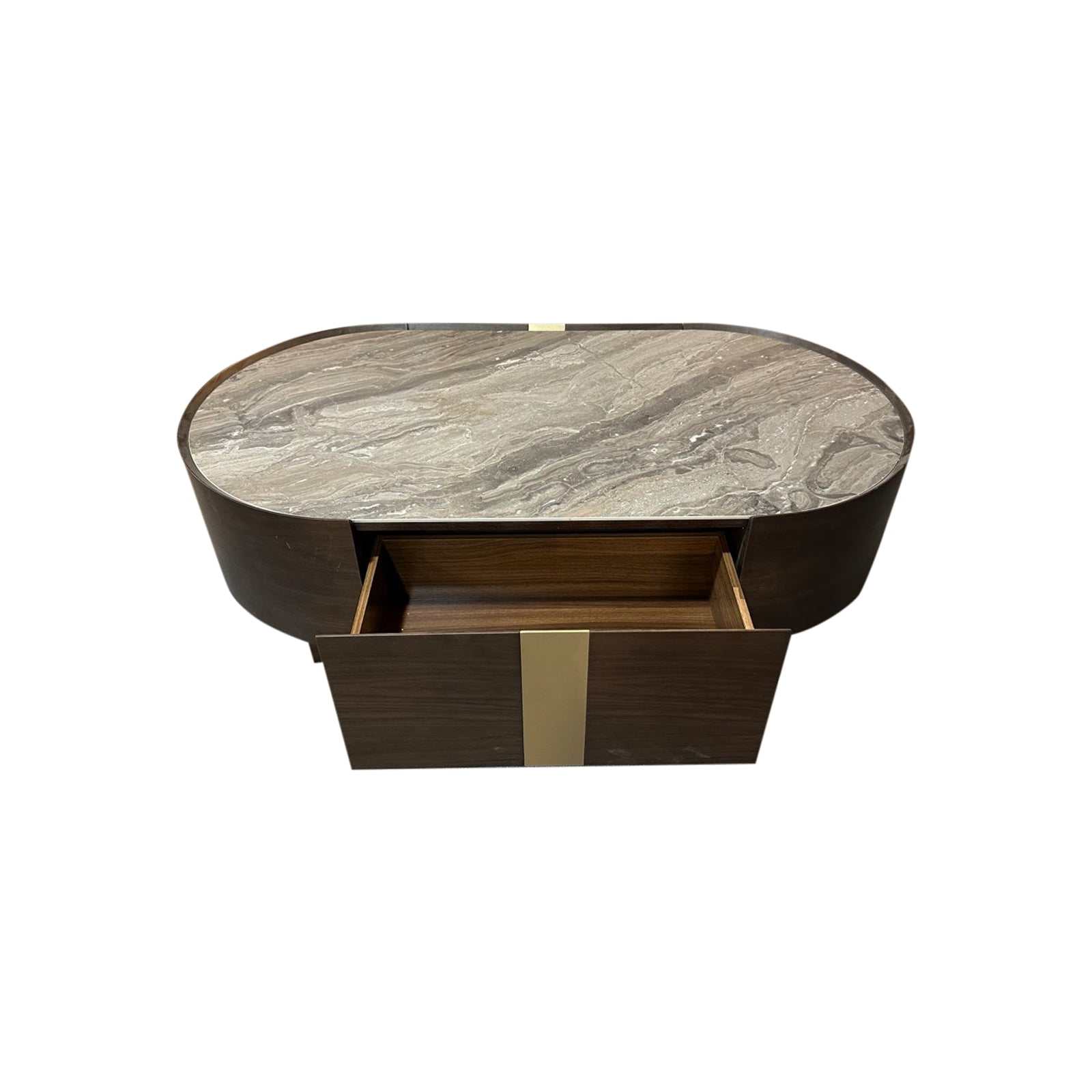 Coffee table with dark walnut MDF board, melamine interior, ample storage, and golden line detailing.